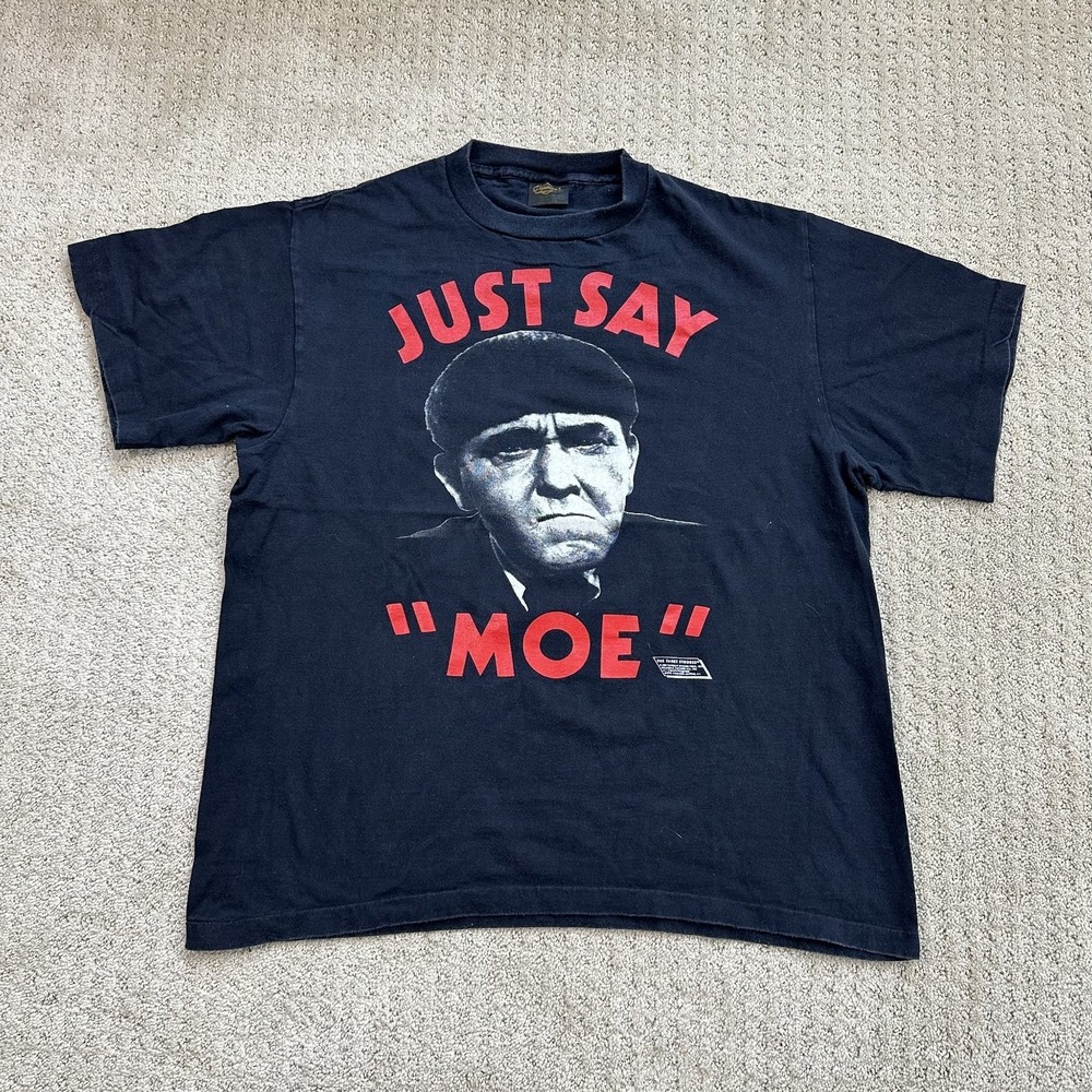 Vintage Three Stooges Shirt Men's XL Just Say Moe Graphic Black 1989 80s Changes